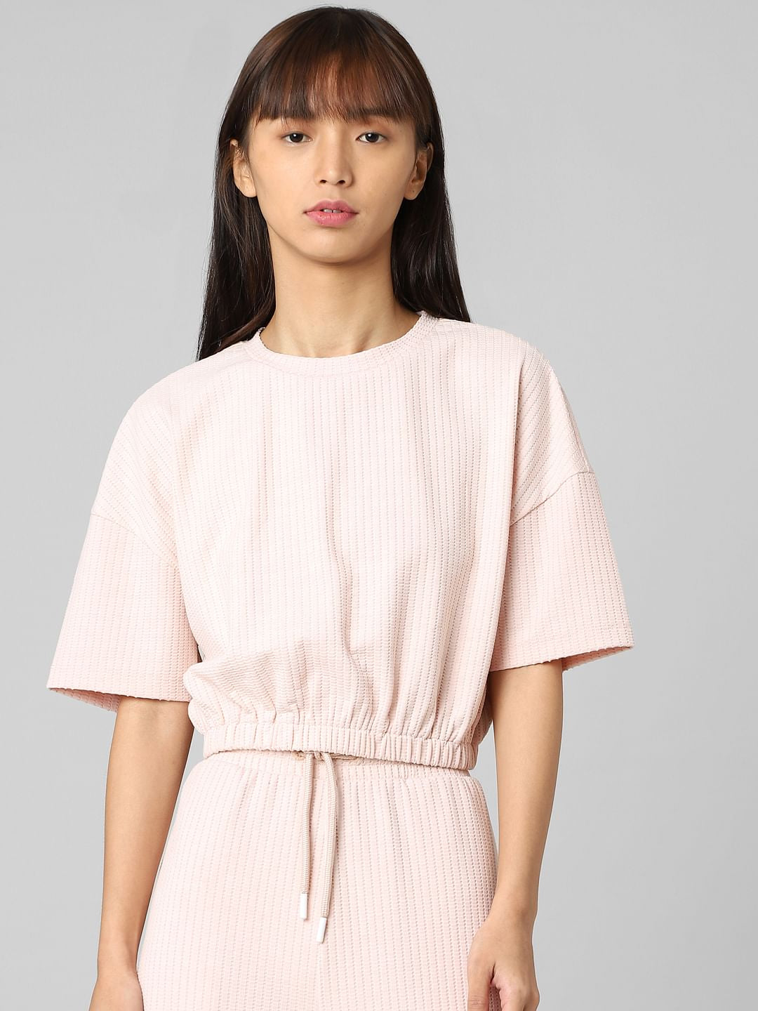 Beige Textured Cropped Co-Ord Sweatshirt