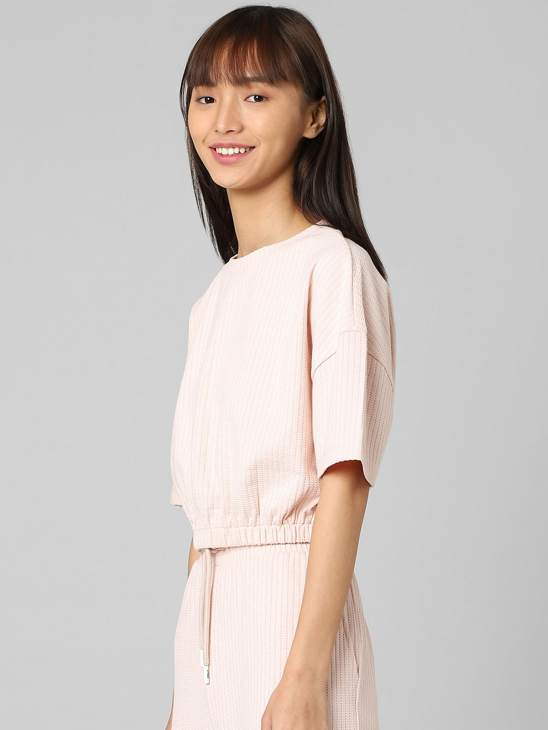 Beige Textured Cropped Co-Ord Sweatshirt