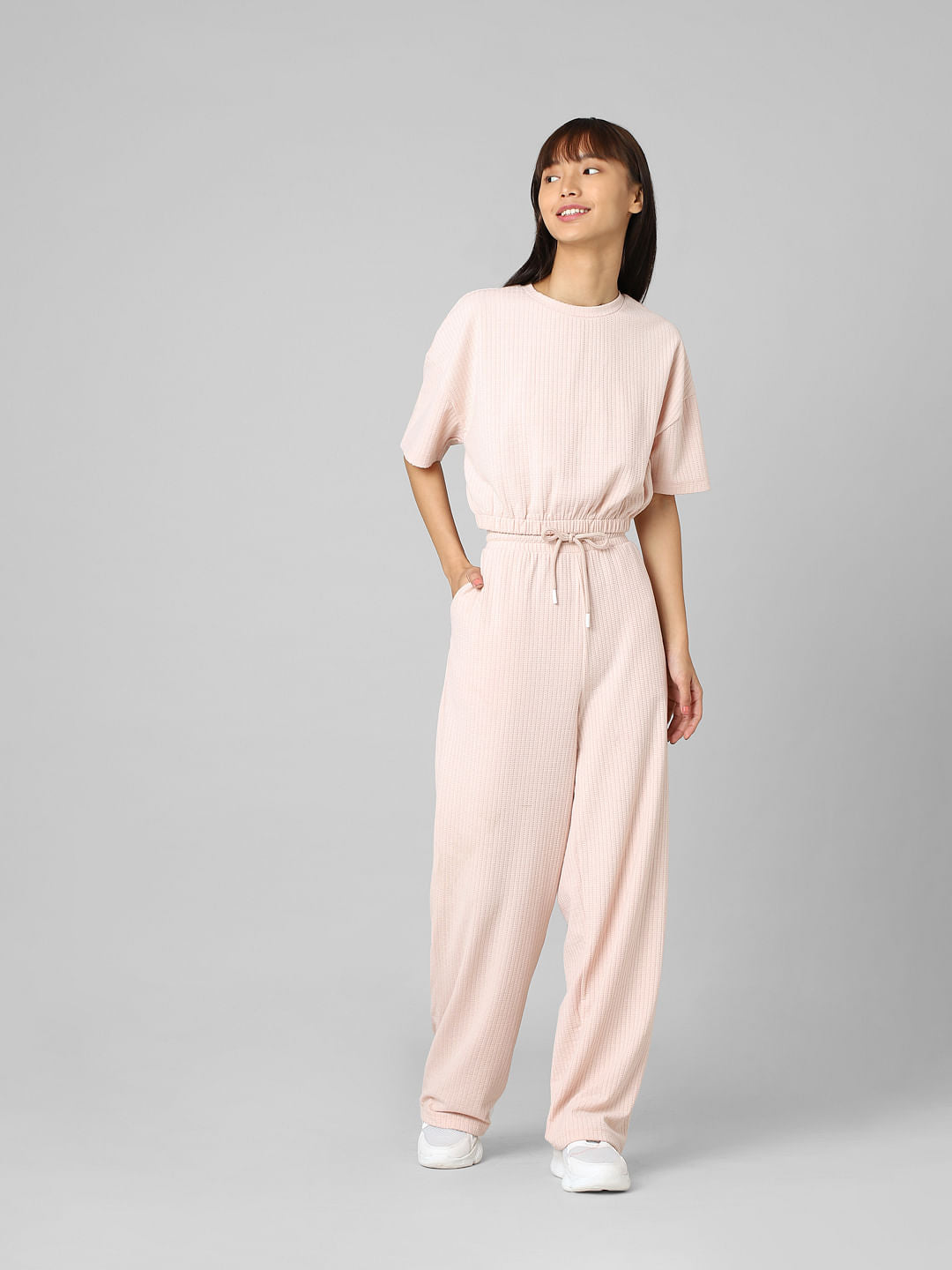 Beige Textured Cropped Co-Ord Sweatshirt