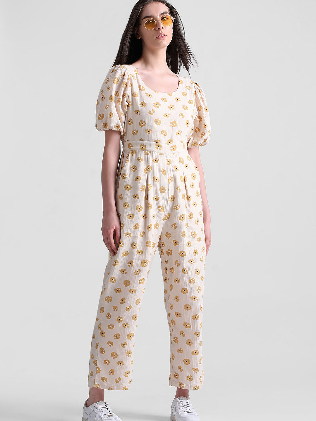 Beige Floral Print Jumpsuit