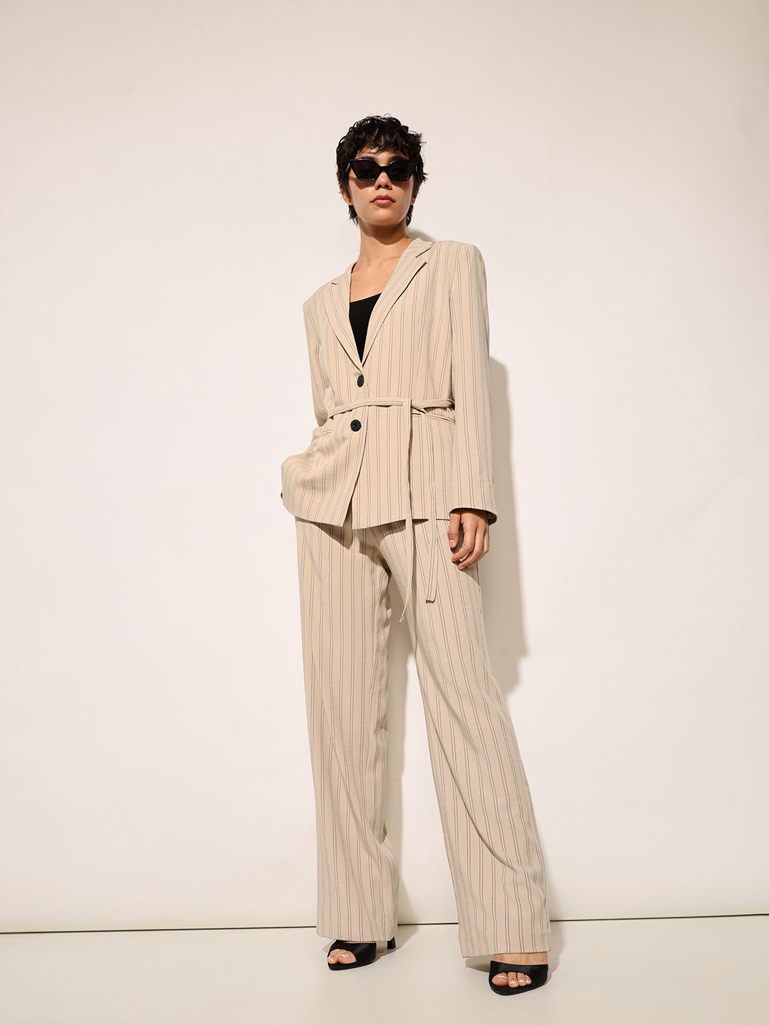 Beige Pinstripe Tailored Trousers