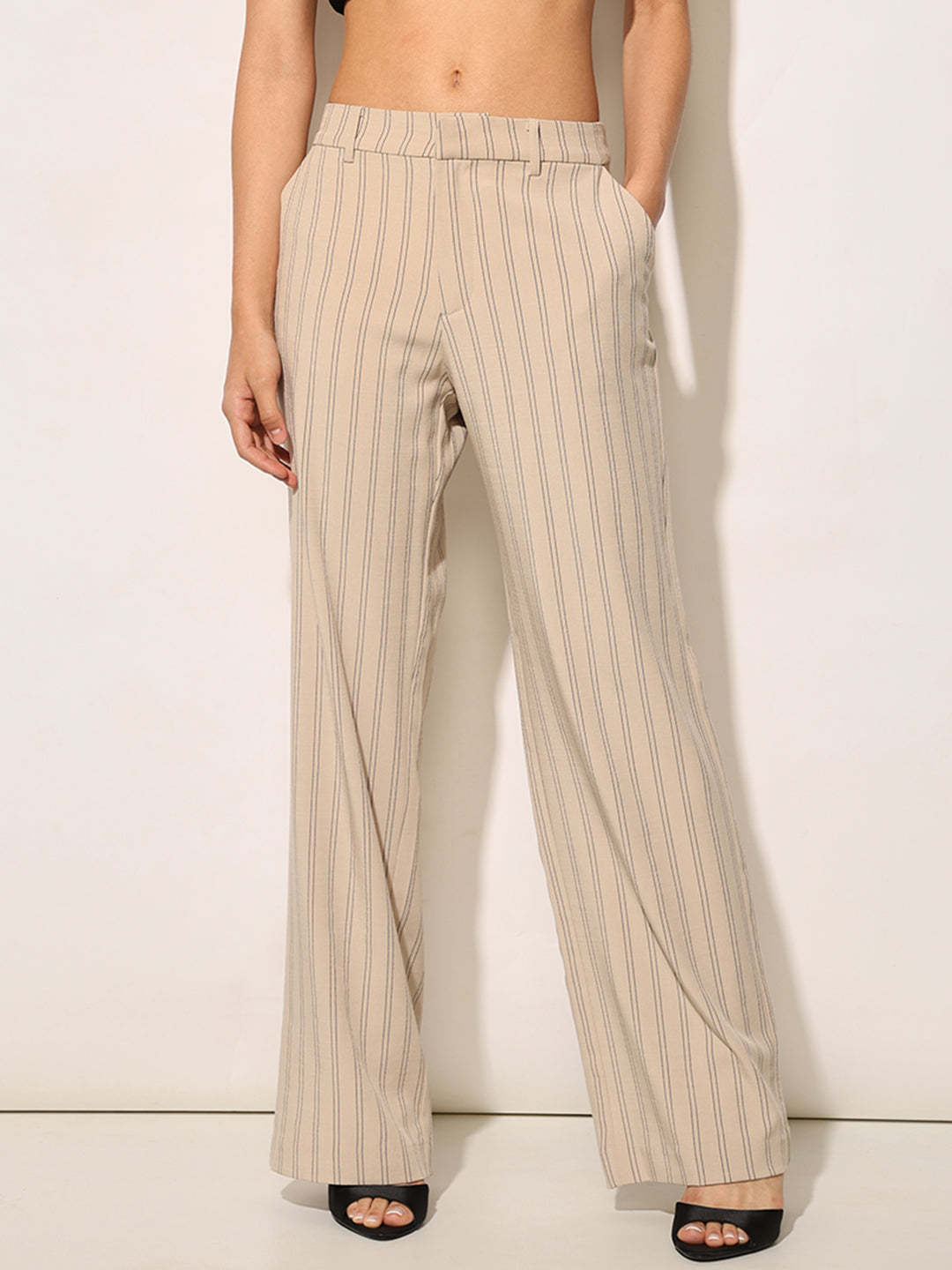 Beige Pinstripe Tailored Trousers