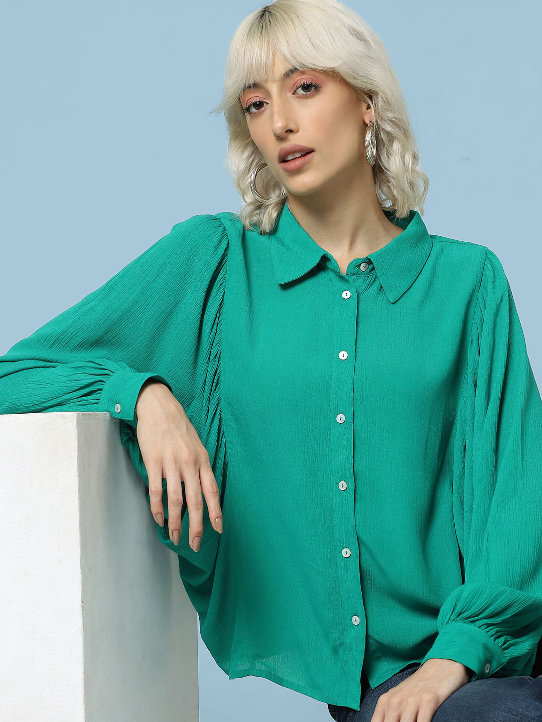 Green Batwing Sleeves Shirt