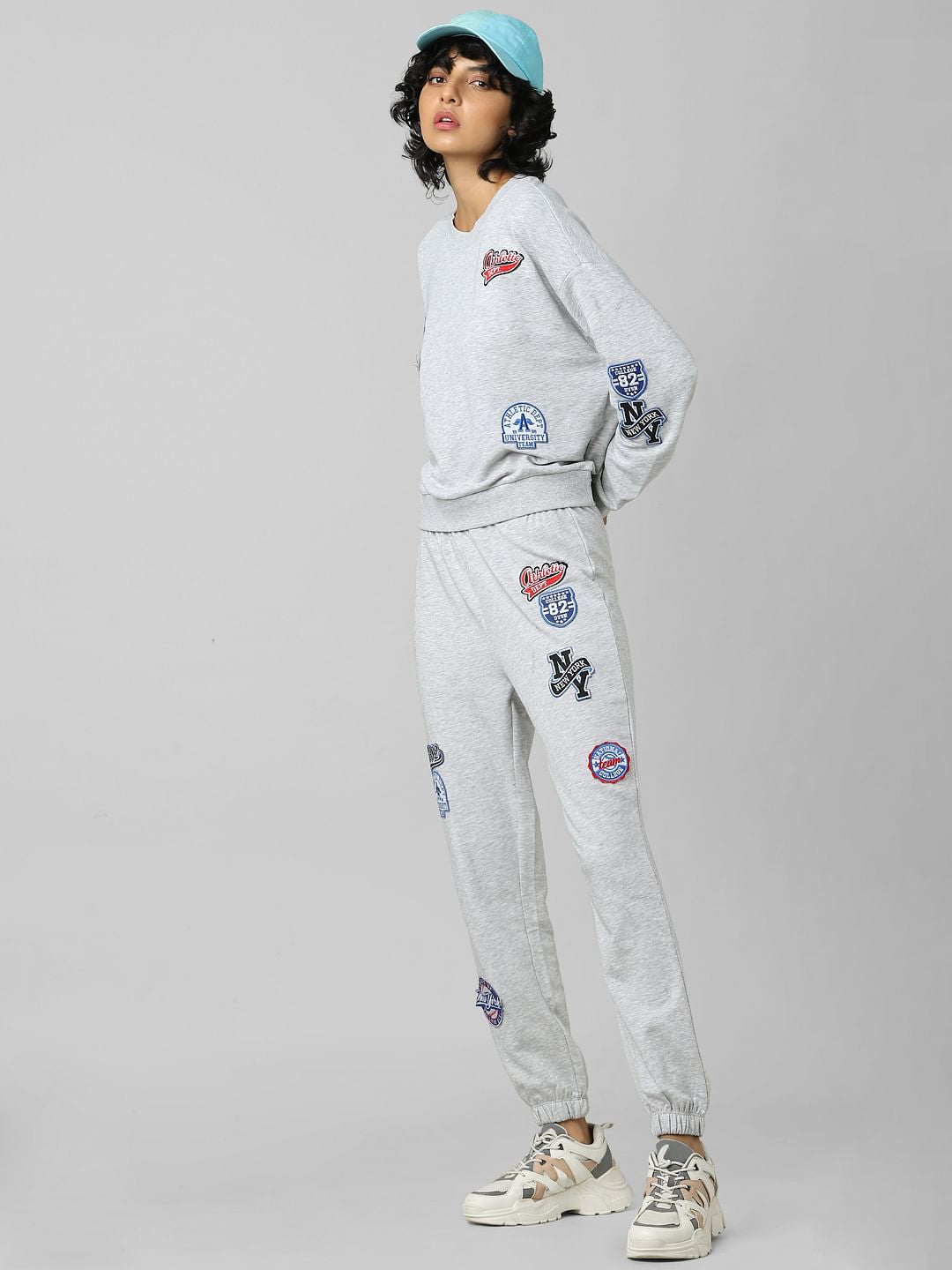 Grey High Rise Badge Print Co-Ord Joggers