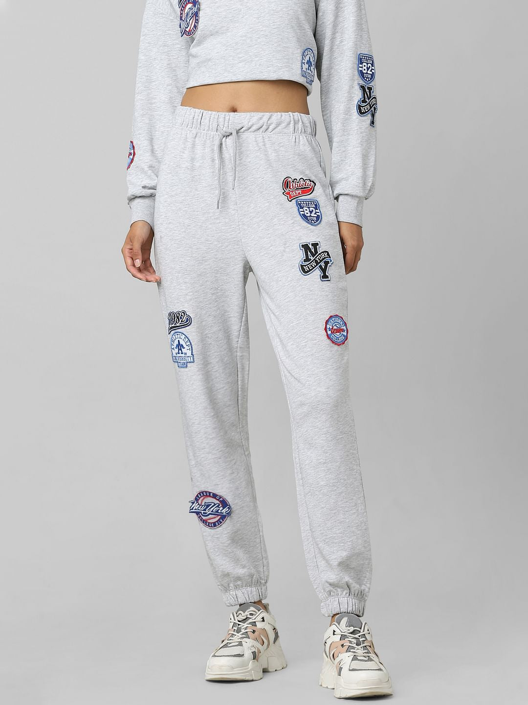 Grey High Rise Badge Print Co-Ord Joggers