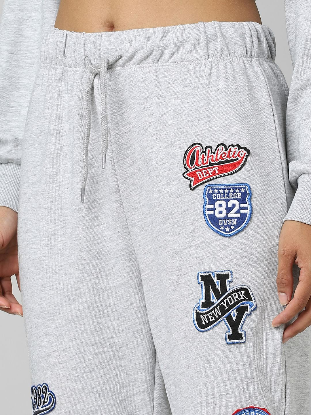 Grey High Rise Badge Print Co-Ord Joggers