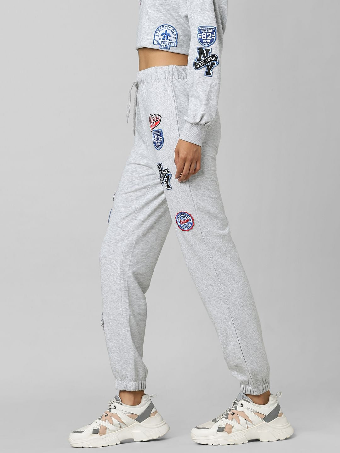 Grey High Rise Badge Print Co-Ord Joggers
