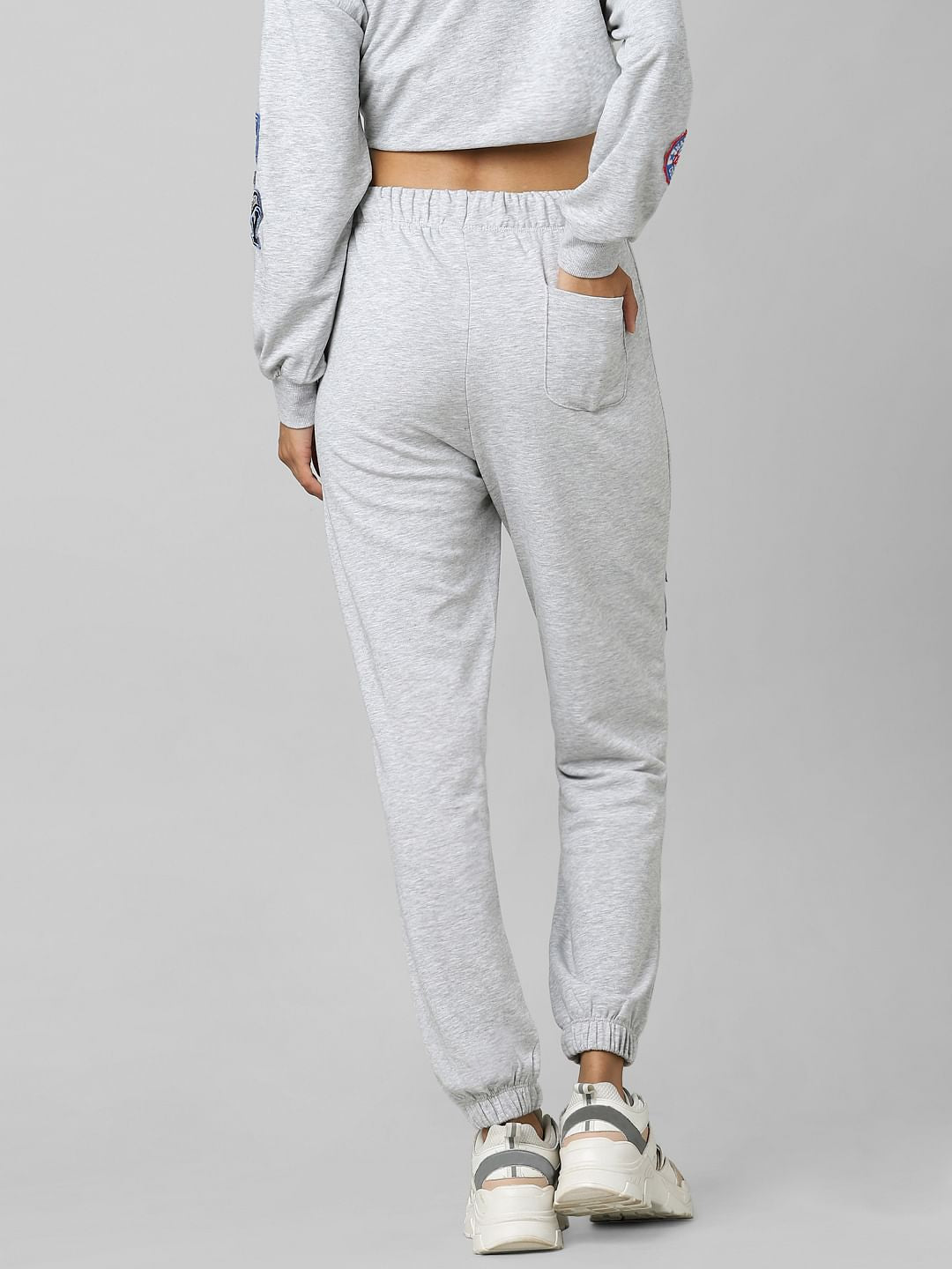 Grey High Rise Badge Print Co-Ord Joggers