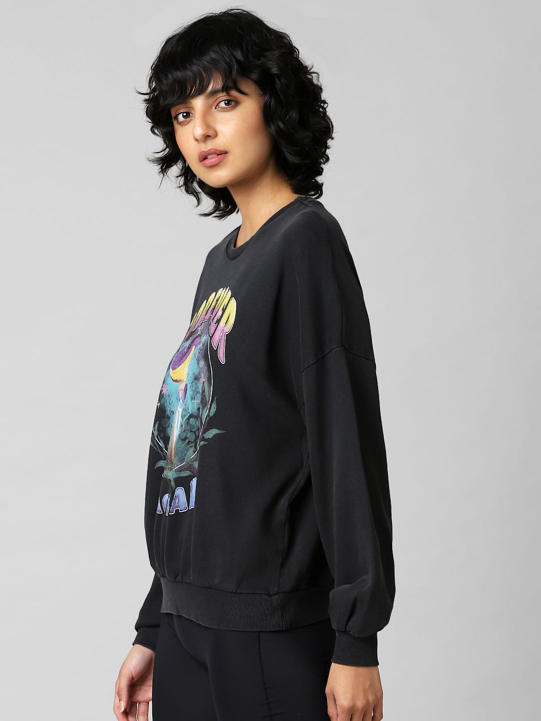 Black Printed Oversized Sweatshirt
