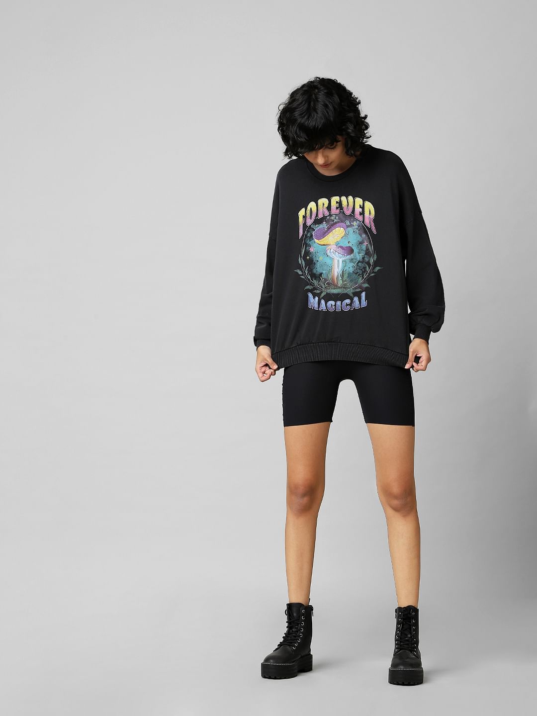 Black Printed Oversized Sweatshirt
