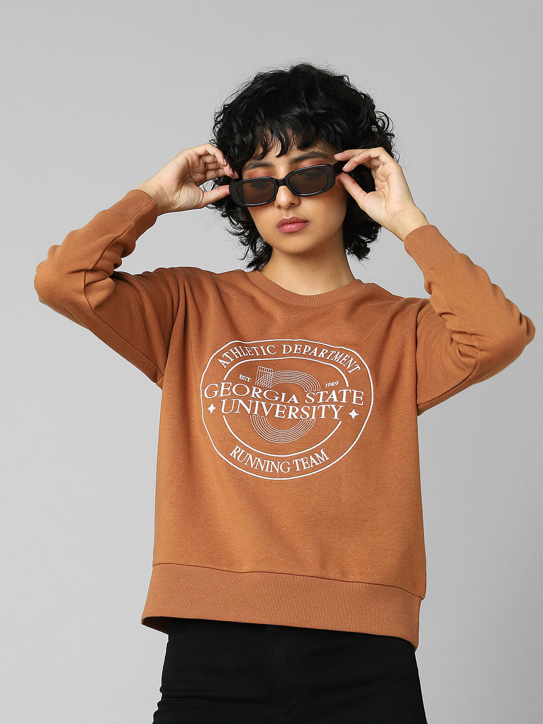 Brown Embroidered Print Sweatshirt