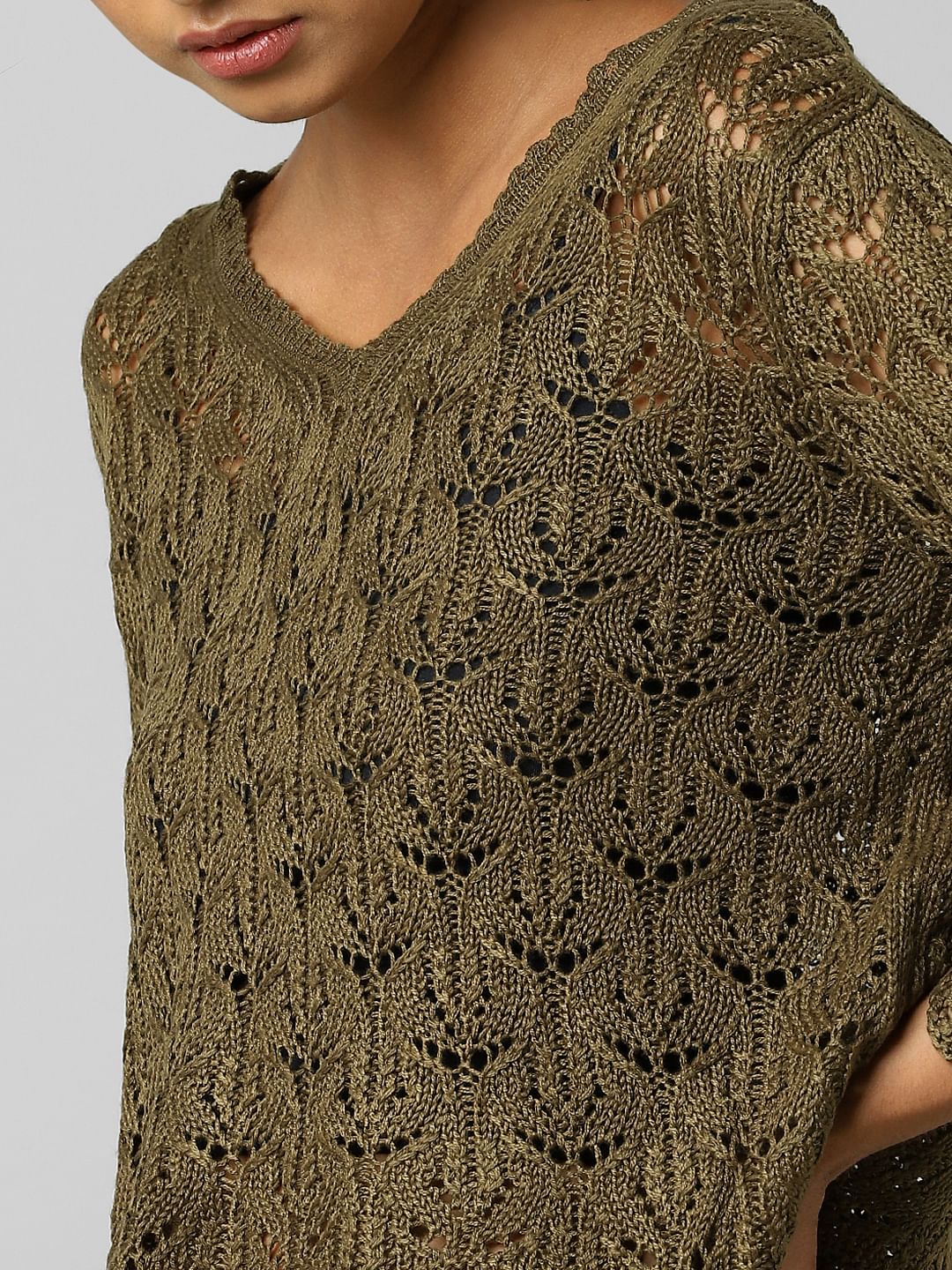 Green Pointelle V-Neck Pullover