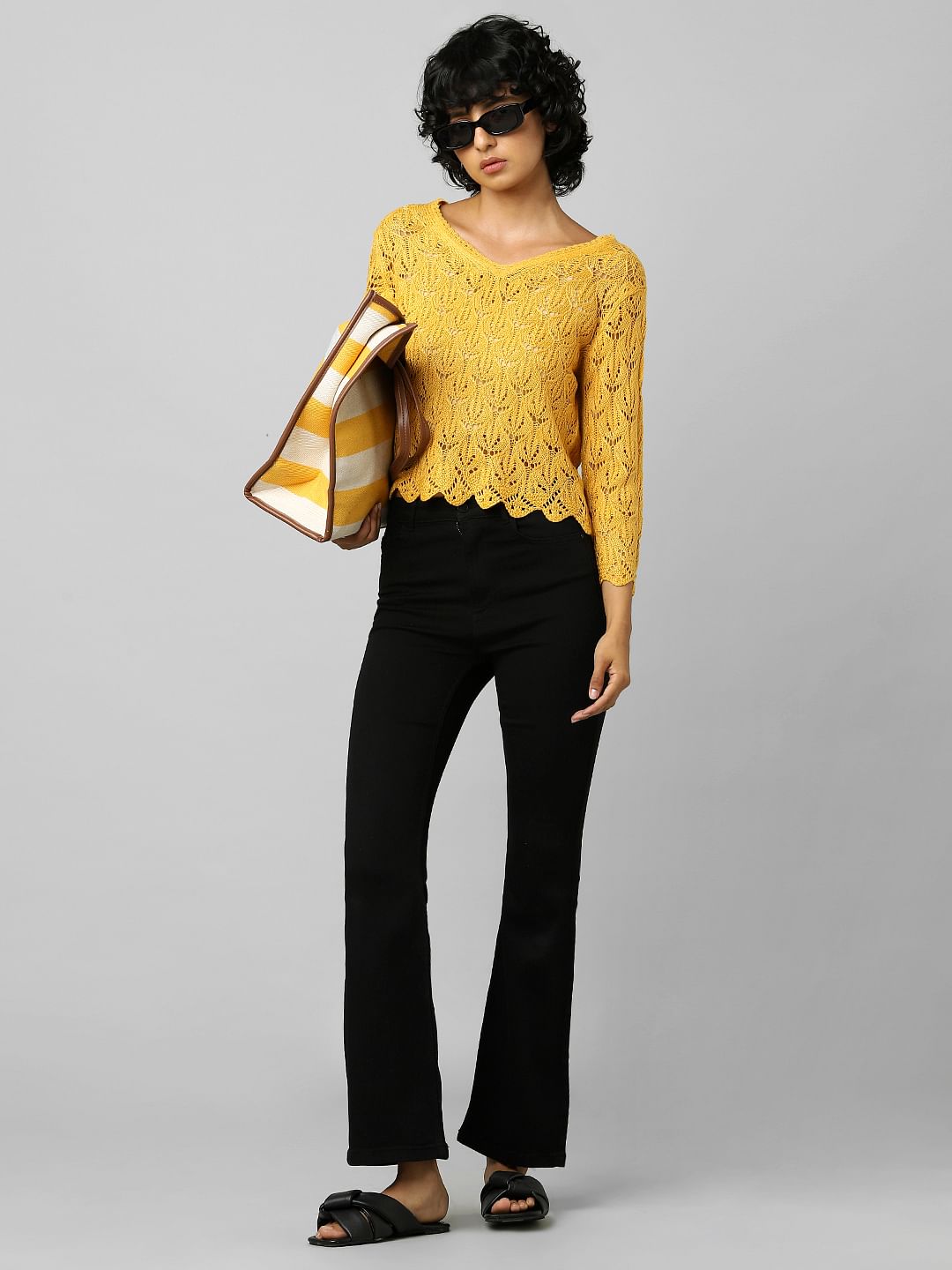 Yellow Pointelle V-Neck Pullover
