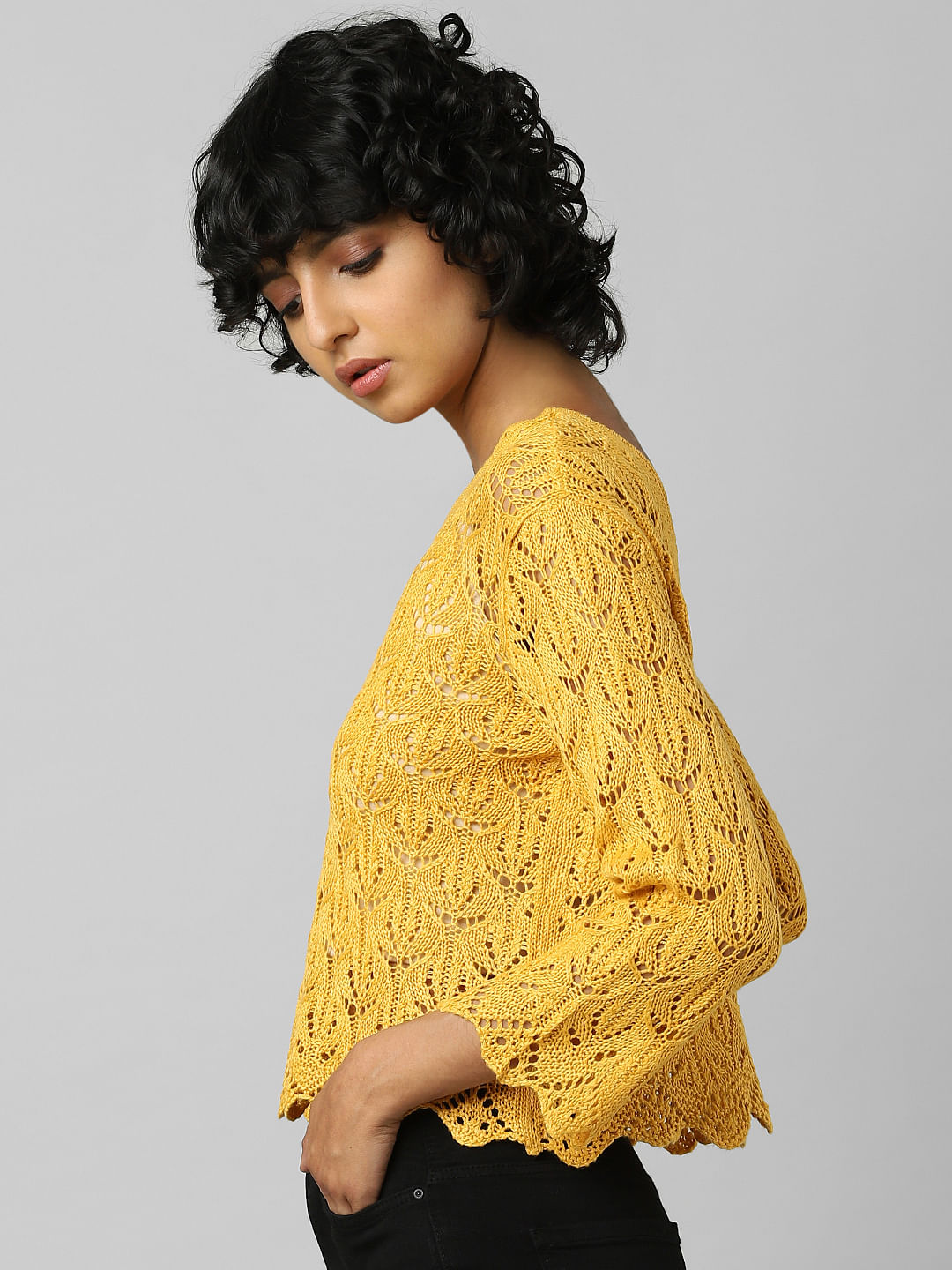 Yellow Pointelle V-Neck Pullover