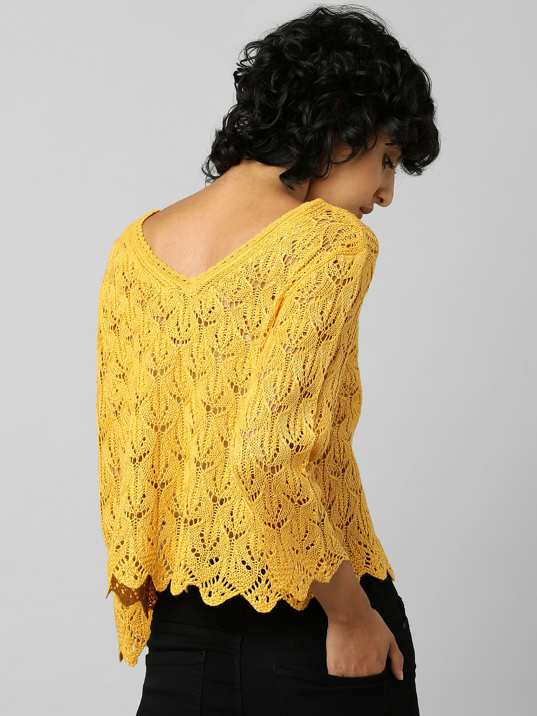 Yellow Pointelle V-Neck Pullover