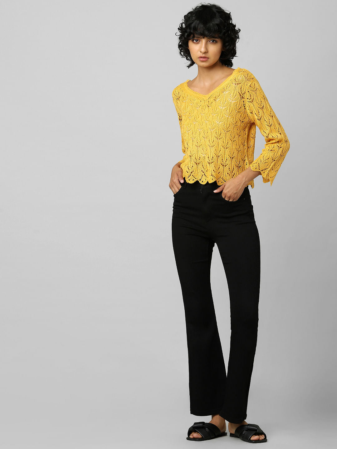 Yellow Pointelle V-Neck Pullover