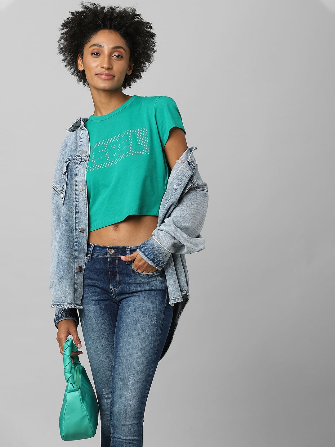 Green Rhinestone Detail T-Shirt