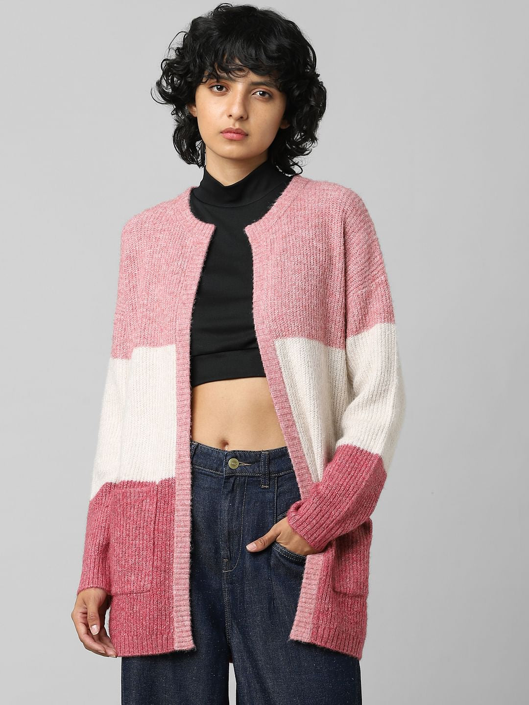 Pink Colourblocked Cardigan