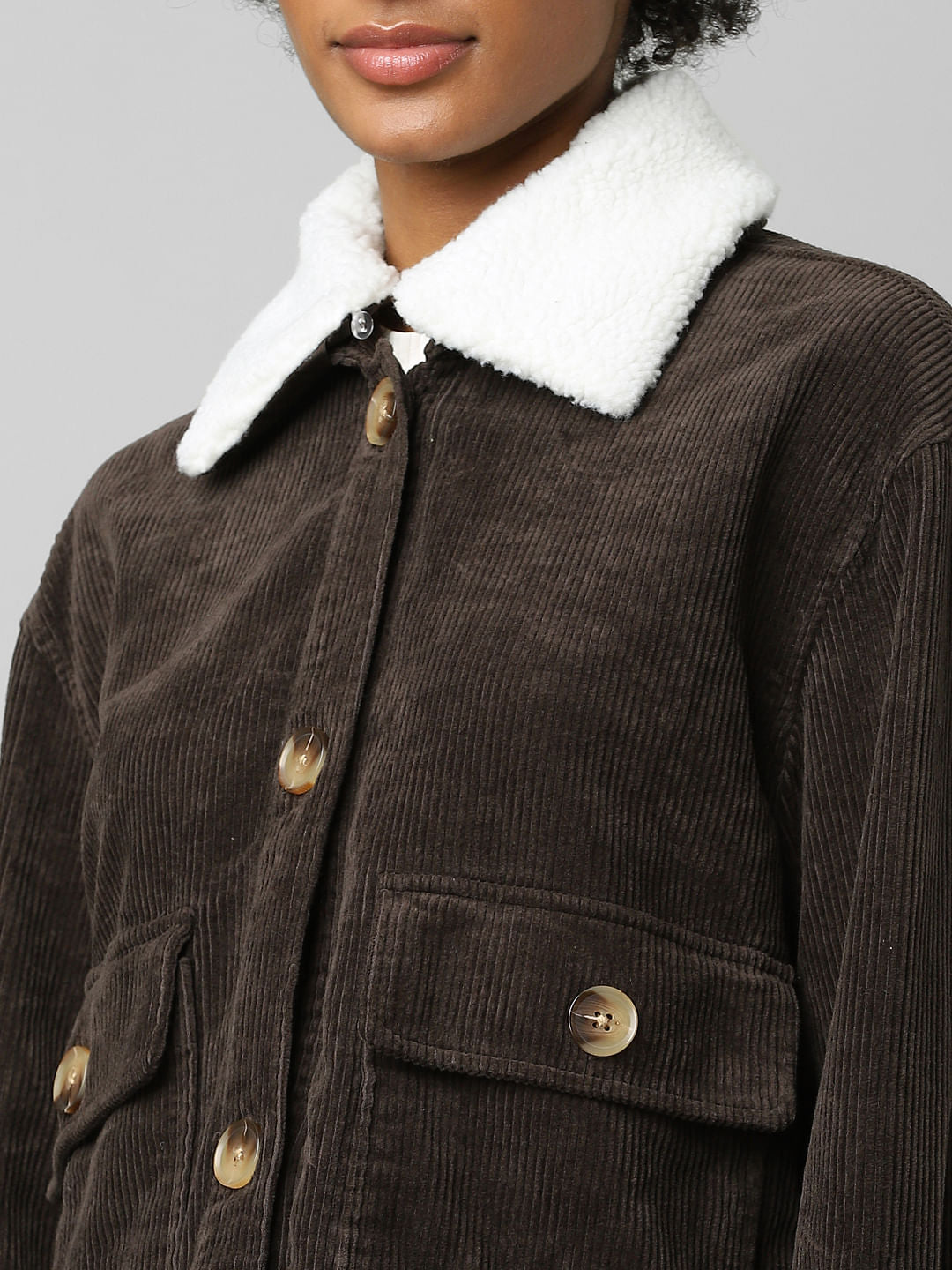 Brown Corduroy Teddy Collar Shacket