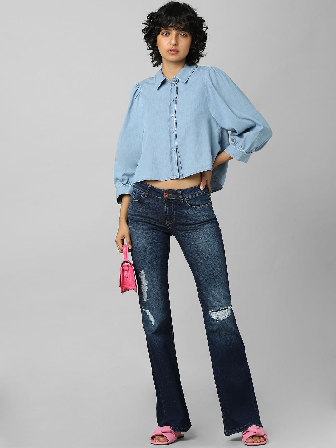 Blue Puff Sleeves Denim Shirt