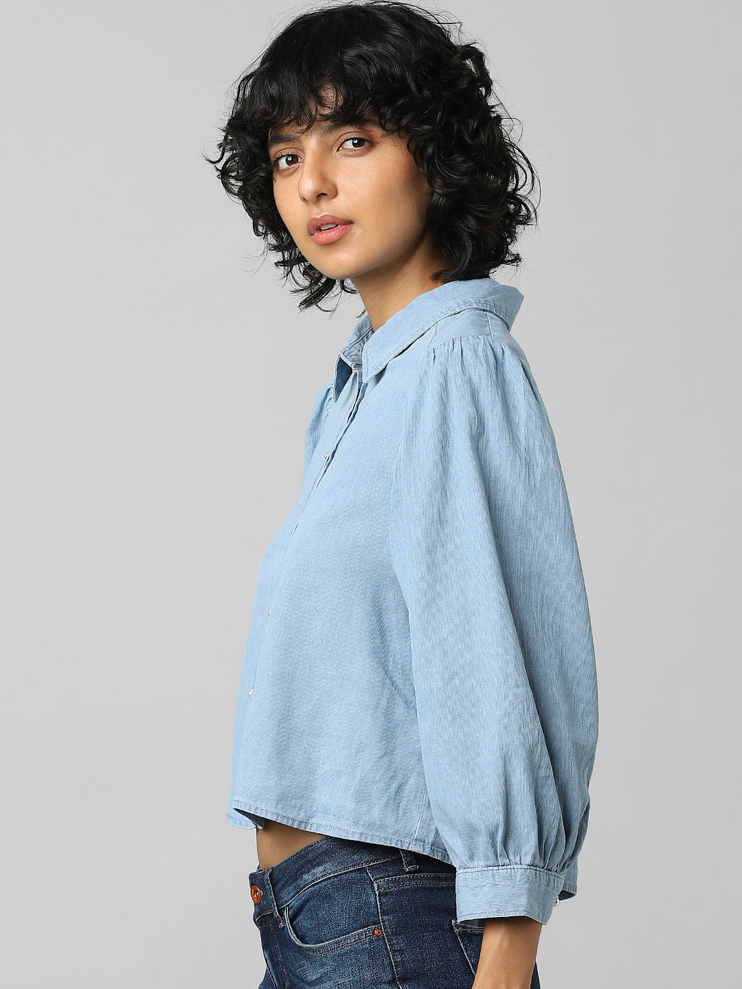 Blue Puff Sleeves Denim Shirt