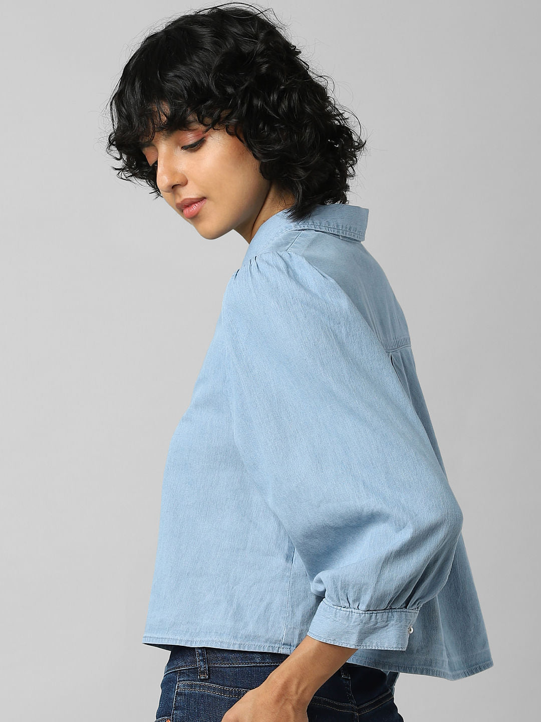 Blue Puff Sleeves Denim Shirt