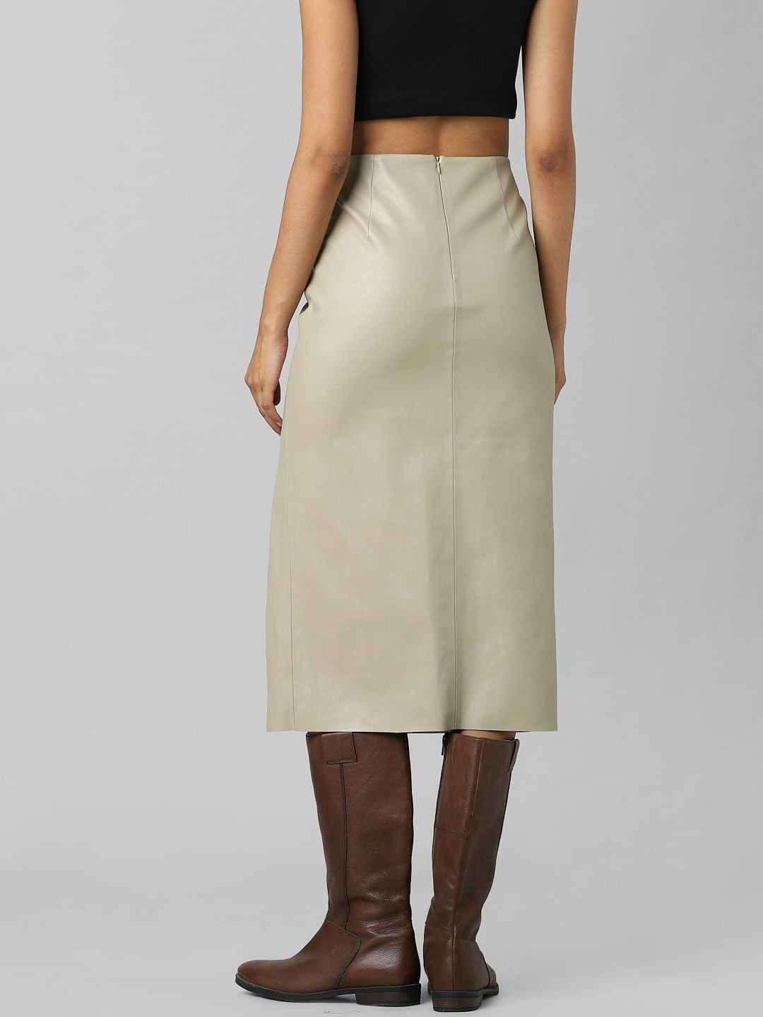 Light Beige High Rise Faux Leather Skirt