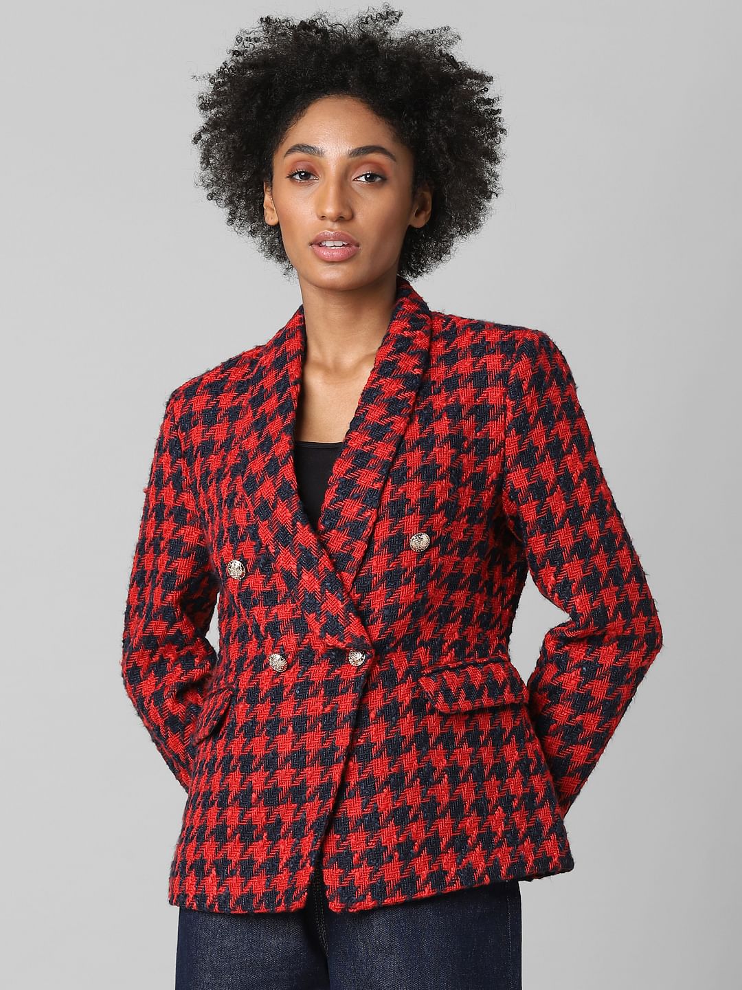 Black Houndstooth Print Tweed Blazer