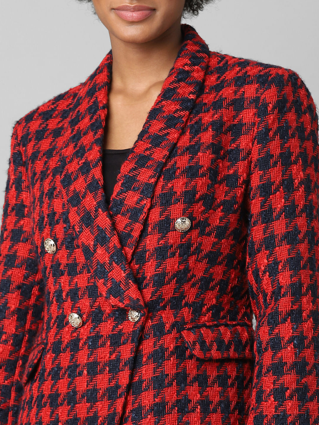 Black Houndstooth Print Tweed Blazer