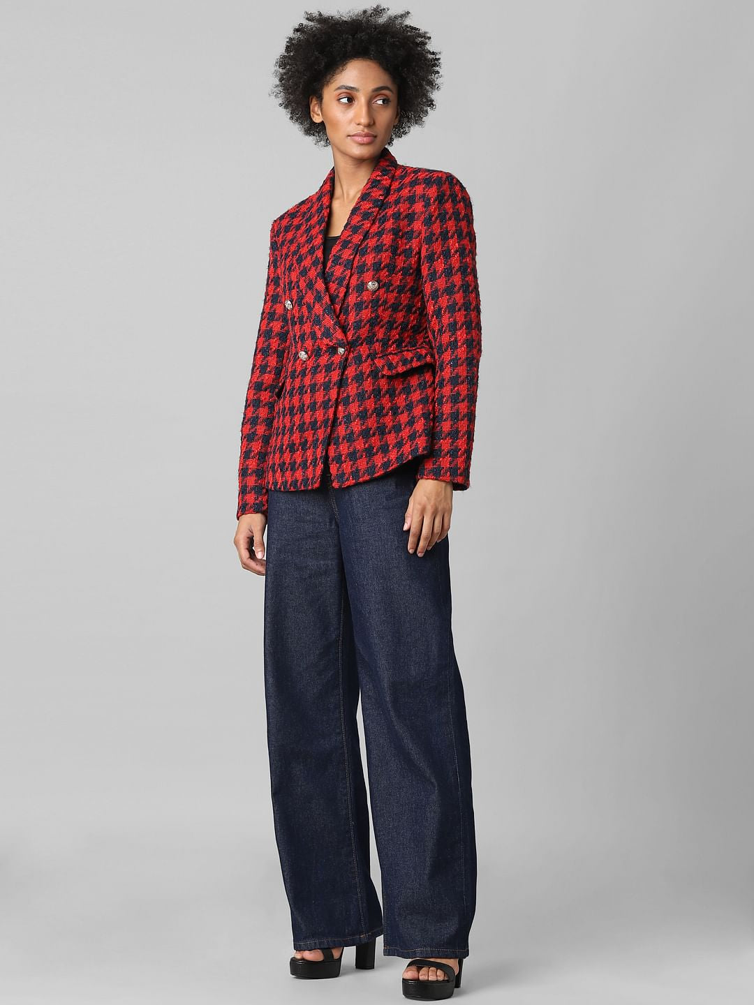 Black Houndstooth Print Tweed Blazer