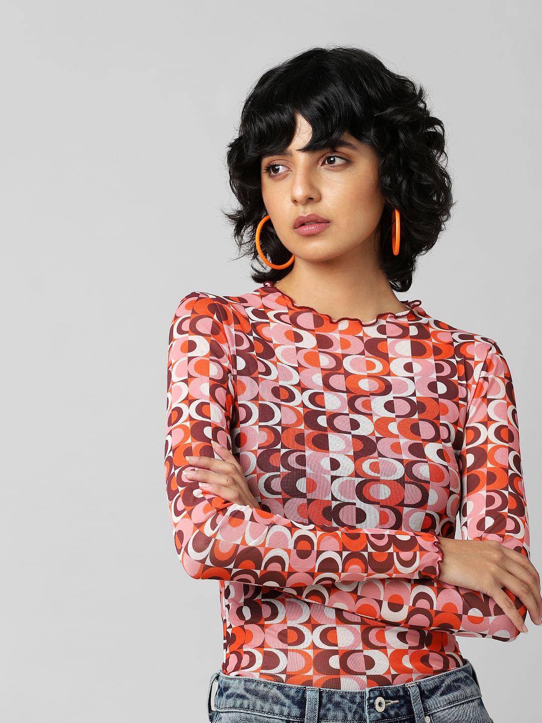 Orange Colourblocked Mesh Top