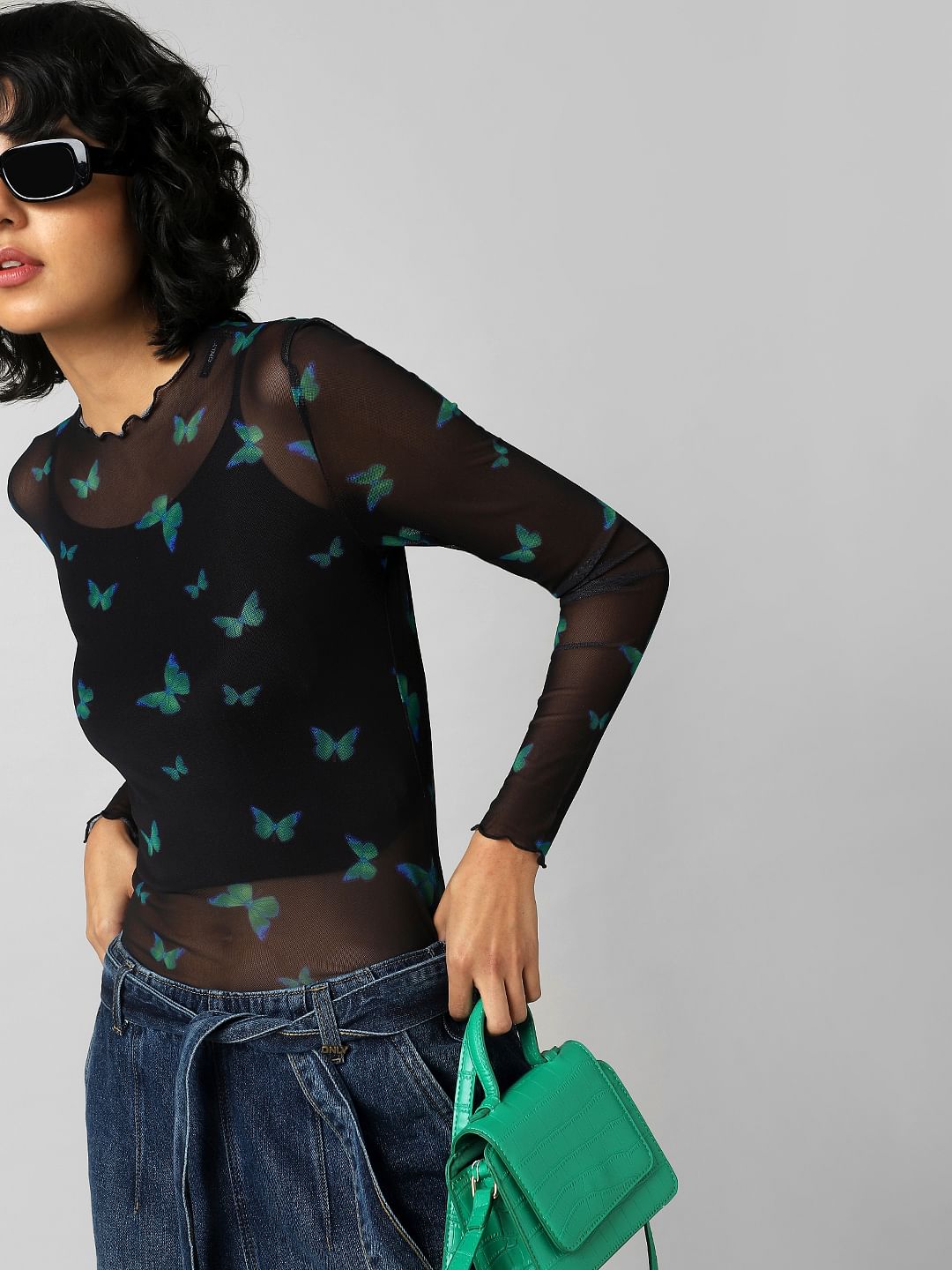 Black Butterfly Print Mesh Top