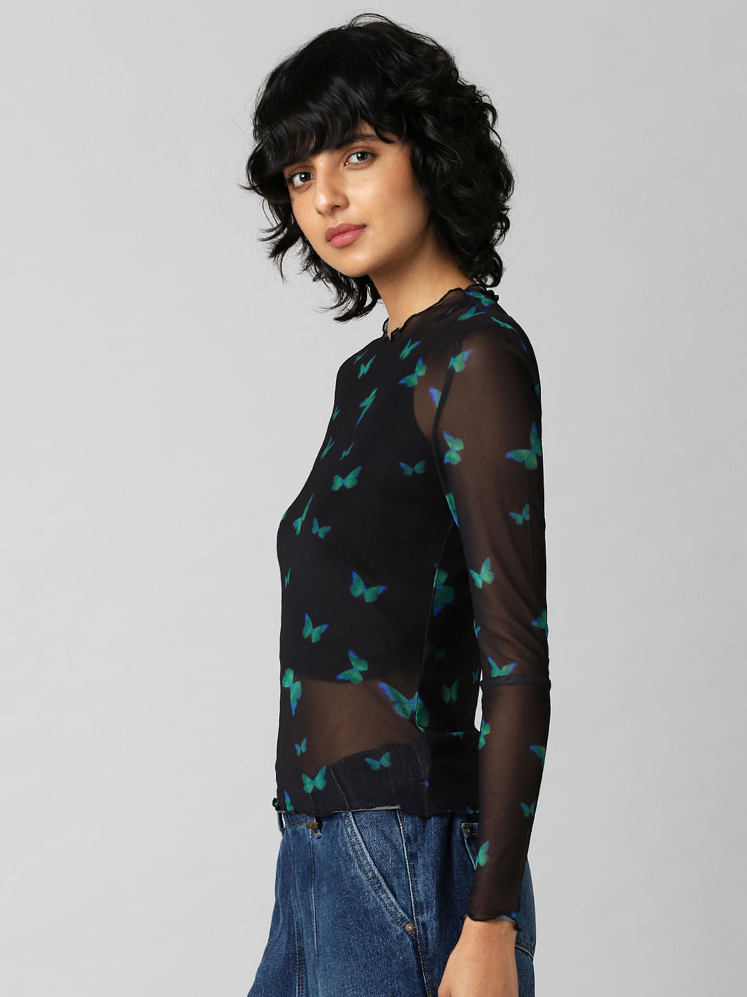 Black Butterfly Print Mesh Top
