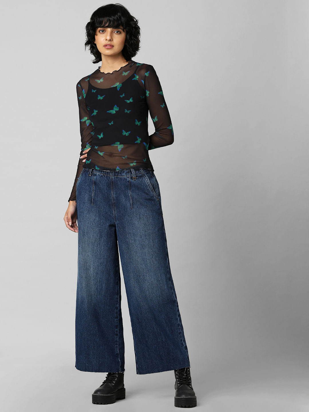 Black Butterfly Print Mesh Top