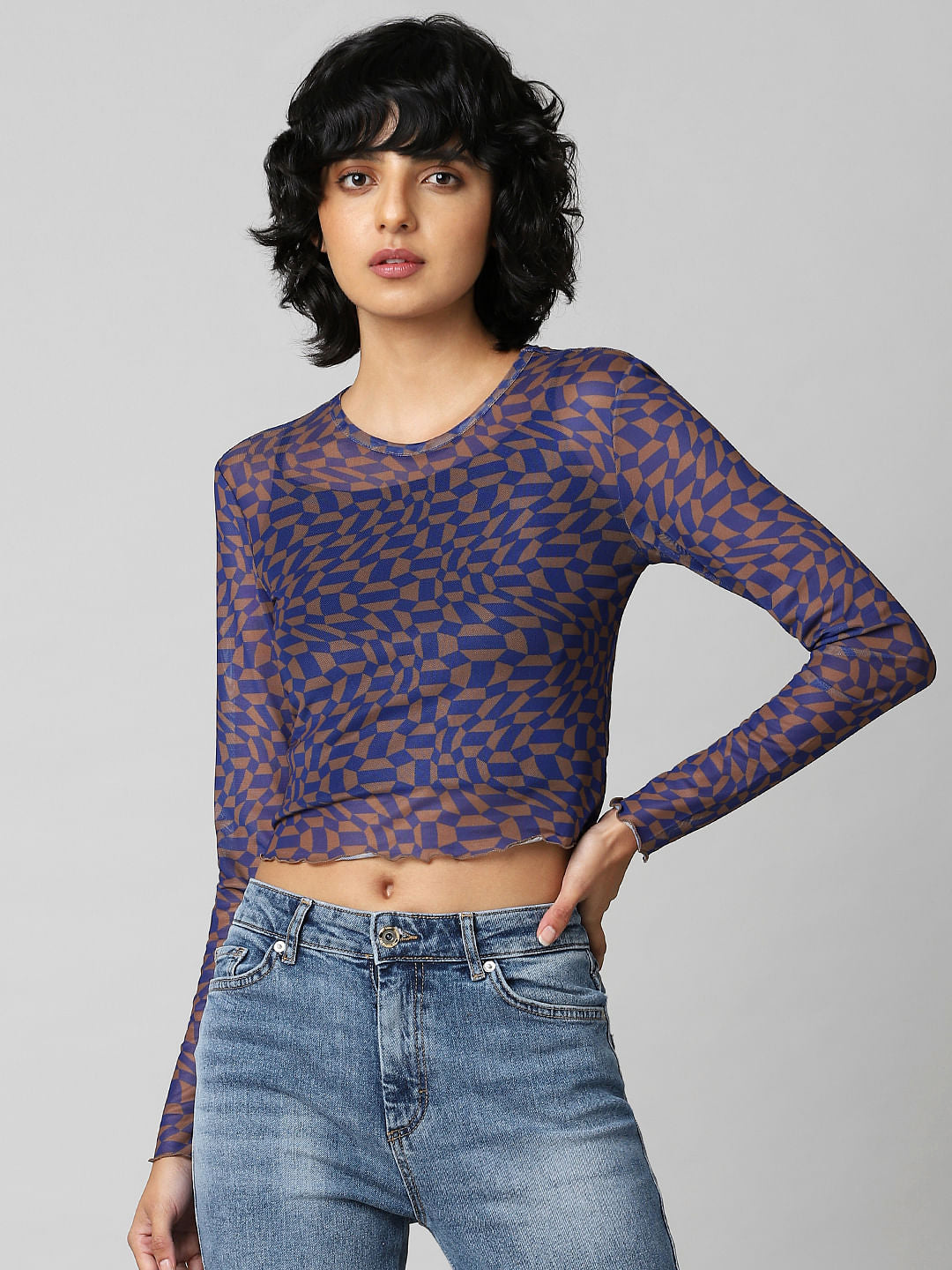 Blue Printed Cropped Mesh Top