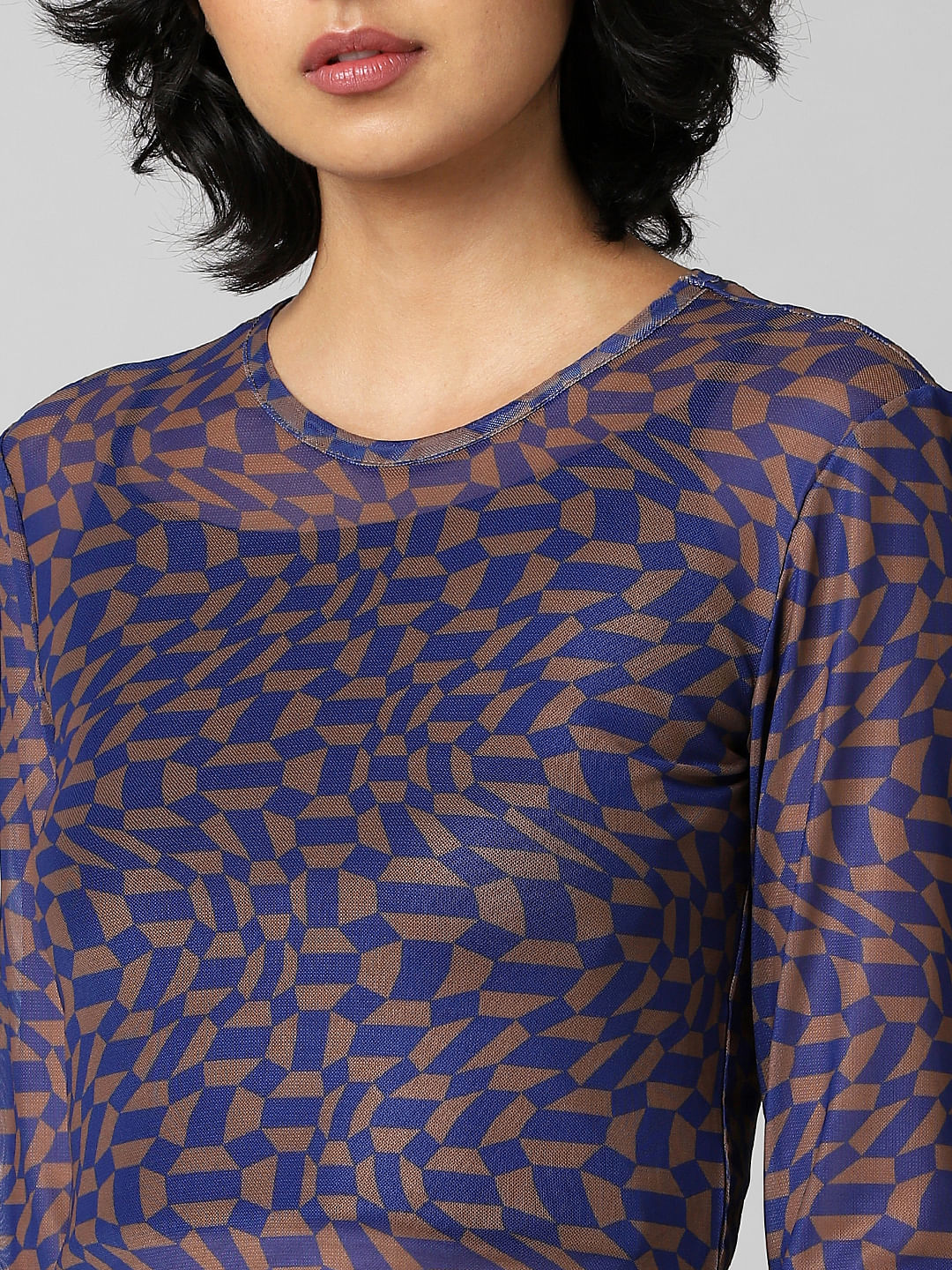 Blue Printed Cropped Mesh Top