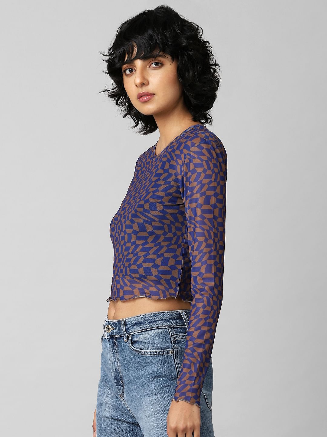 Blue Printed Cropped Mesh Top