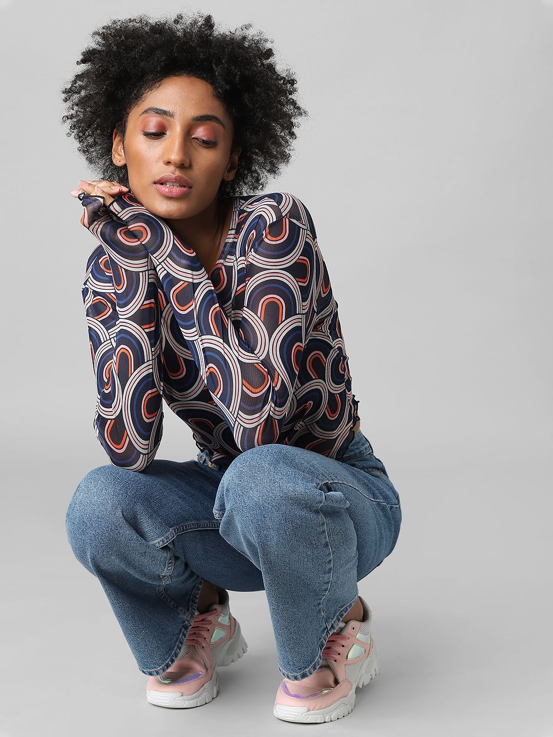 Blue Abstract Print Mesh Top