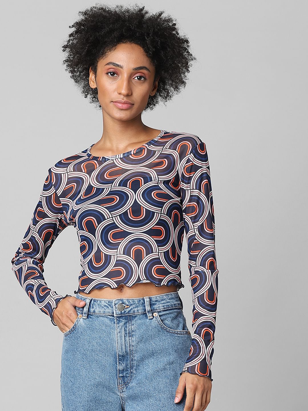 Blue Abstract Print Mesh Top