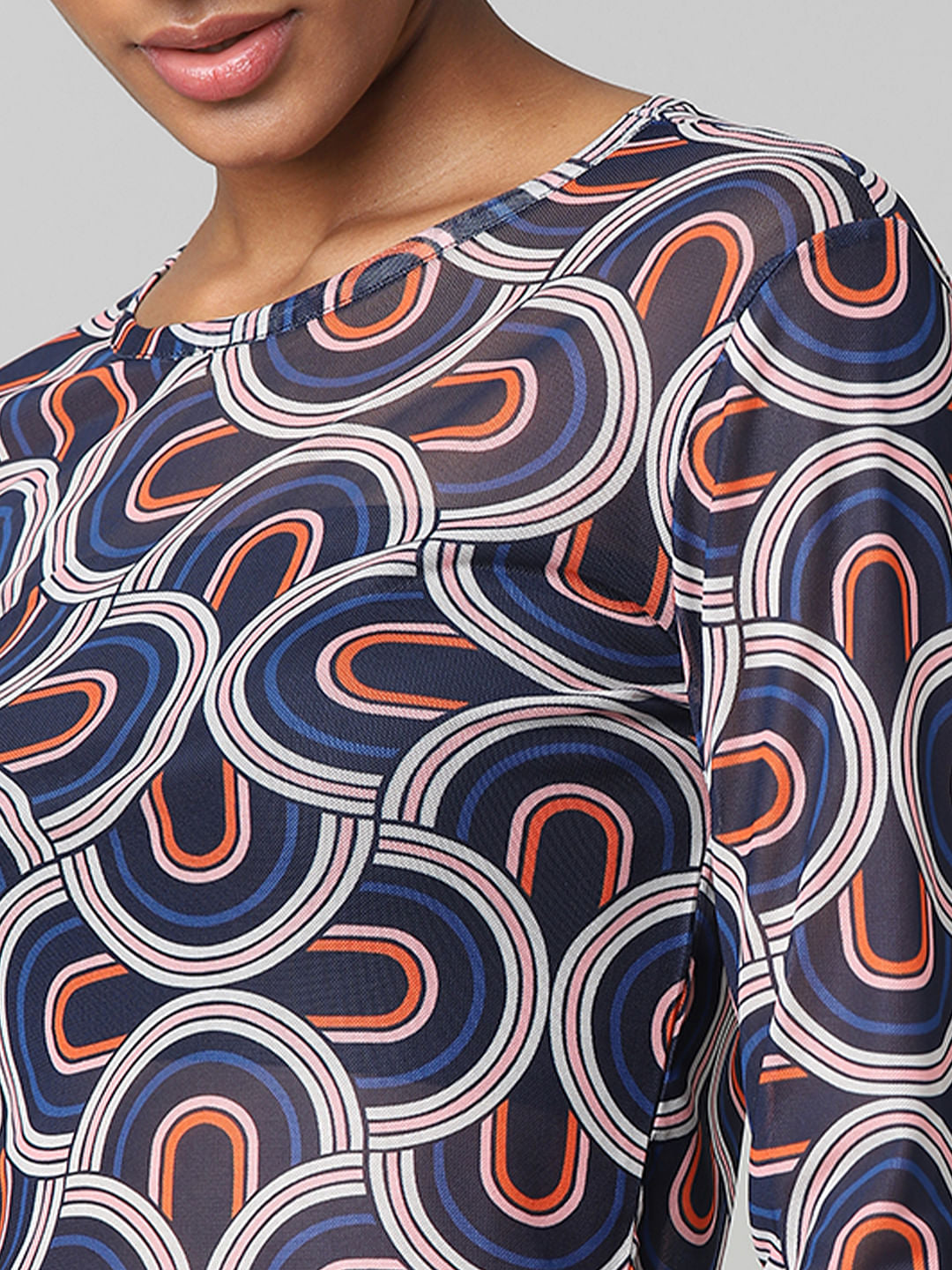 Blue Abstract Print Mesh Top