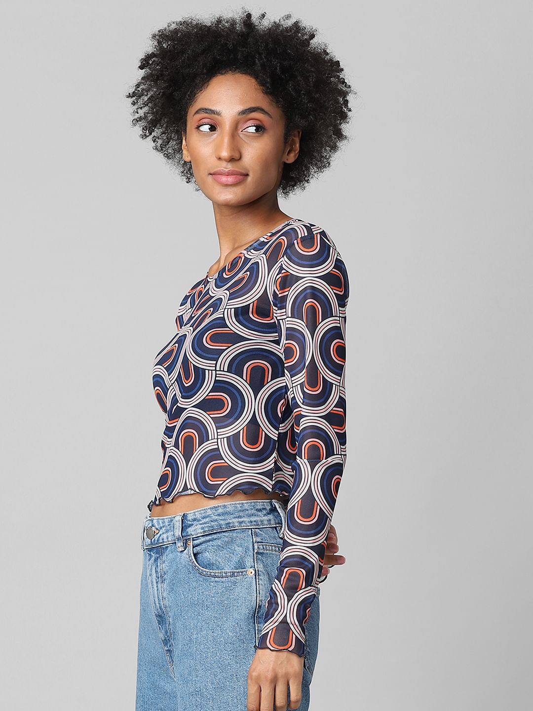 Blue Abstract Print Mesh Top
