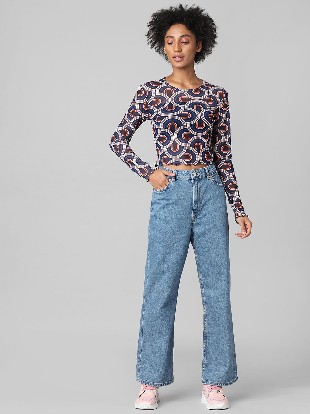 Blue Abstract Print Mesh Top