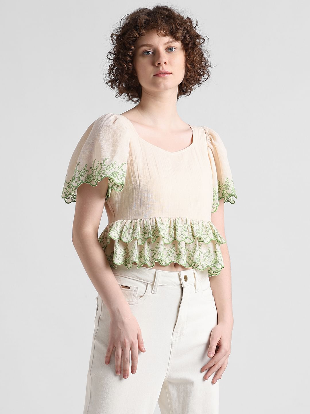 Beige Embroidered Ruffle Top
