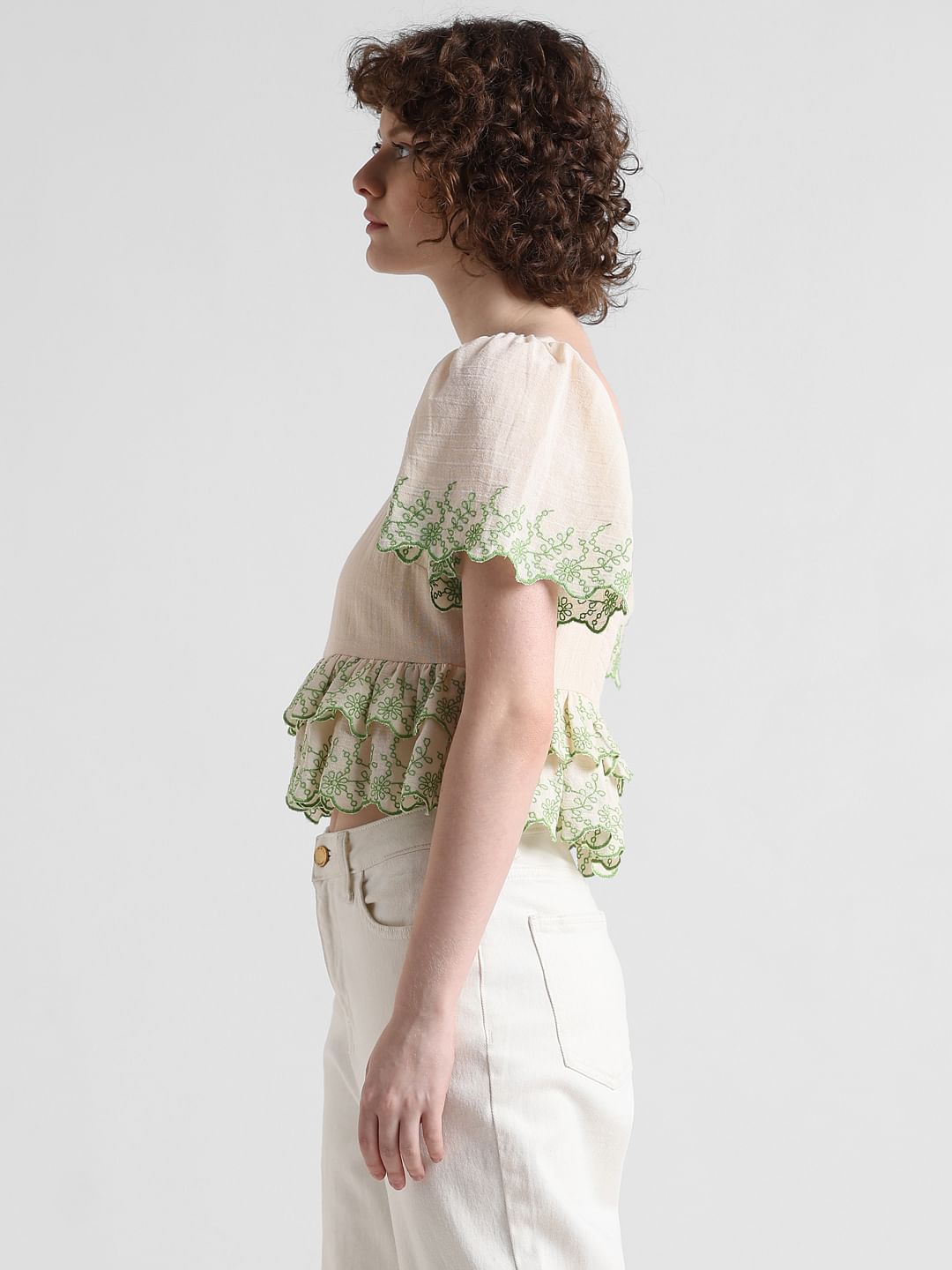 Beige Embroidered Ruffle Top