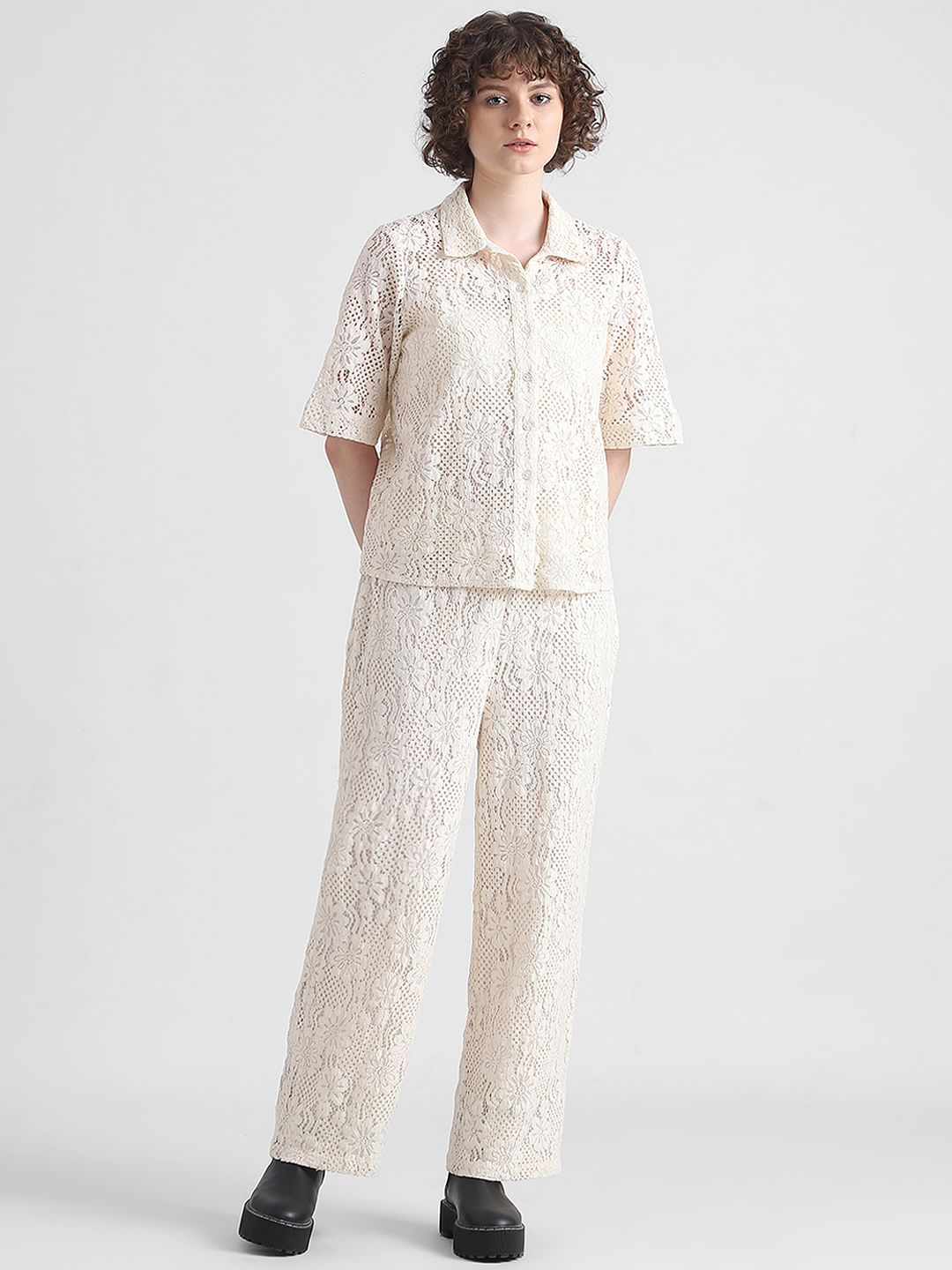 Beige Lace Co-Ord Set Shirt