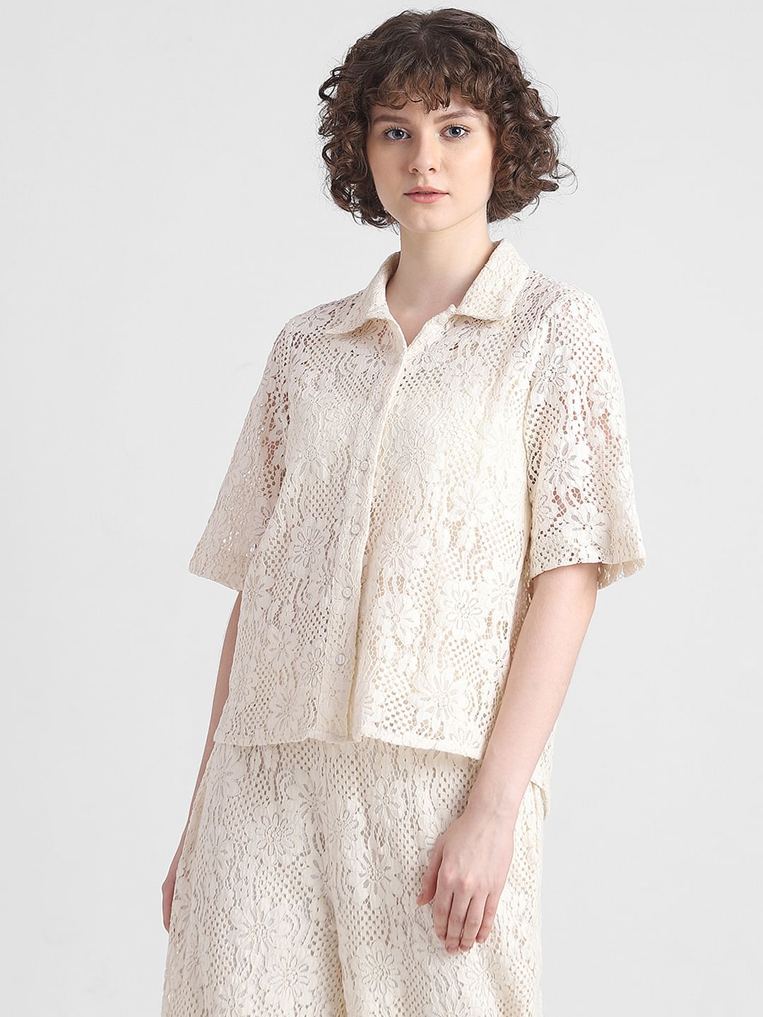 Beige Lace Co-Ord Set Shirt