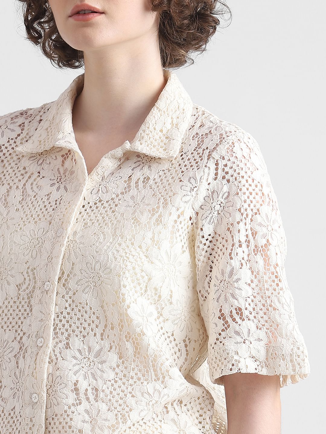 Beige Lace Co-Ord Set Shirt