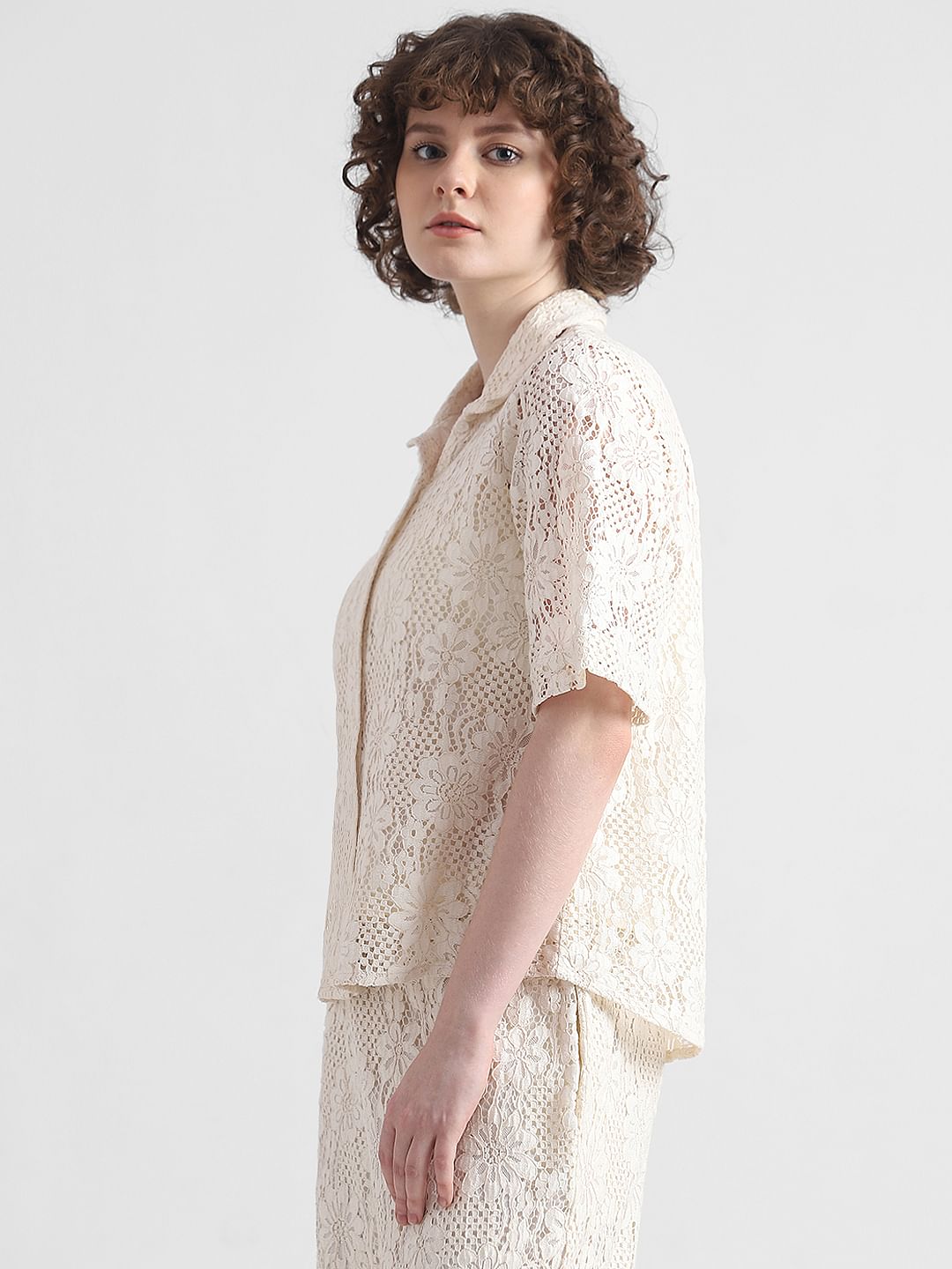 Beige Lace Co-Ord Set Shirt