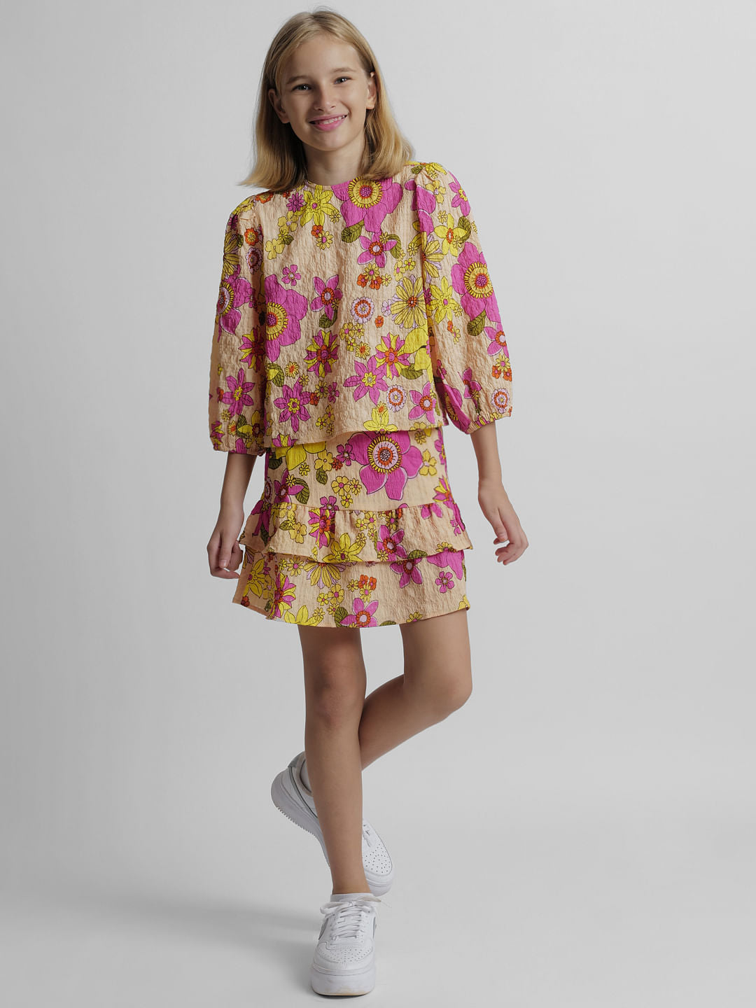 Girls Peach Floral Co-Ord Set Top