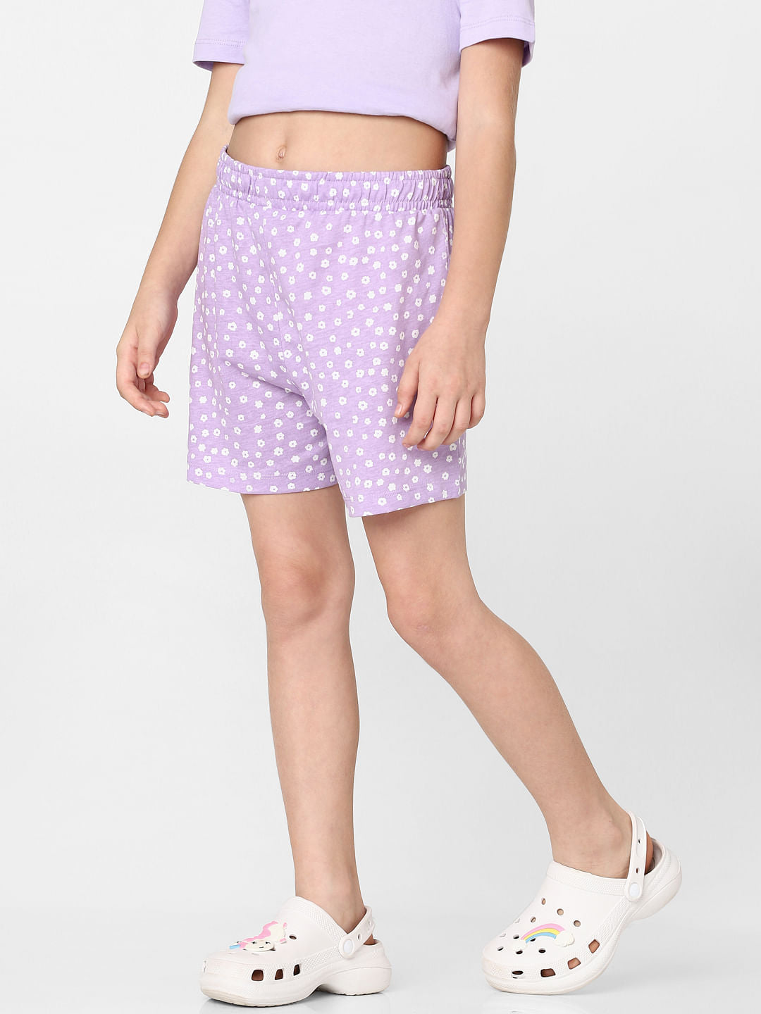 Girls Purple High Waist Printed Shorts